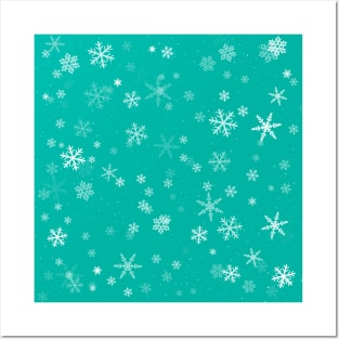 Green and White Snowflake Winter Pattern Posters and Art